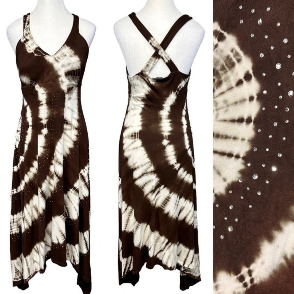 INC Rhinestone Brown White Tie Die Handkerchief Hem Stretchy Babydoll Maxi Dress
